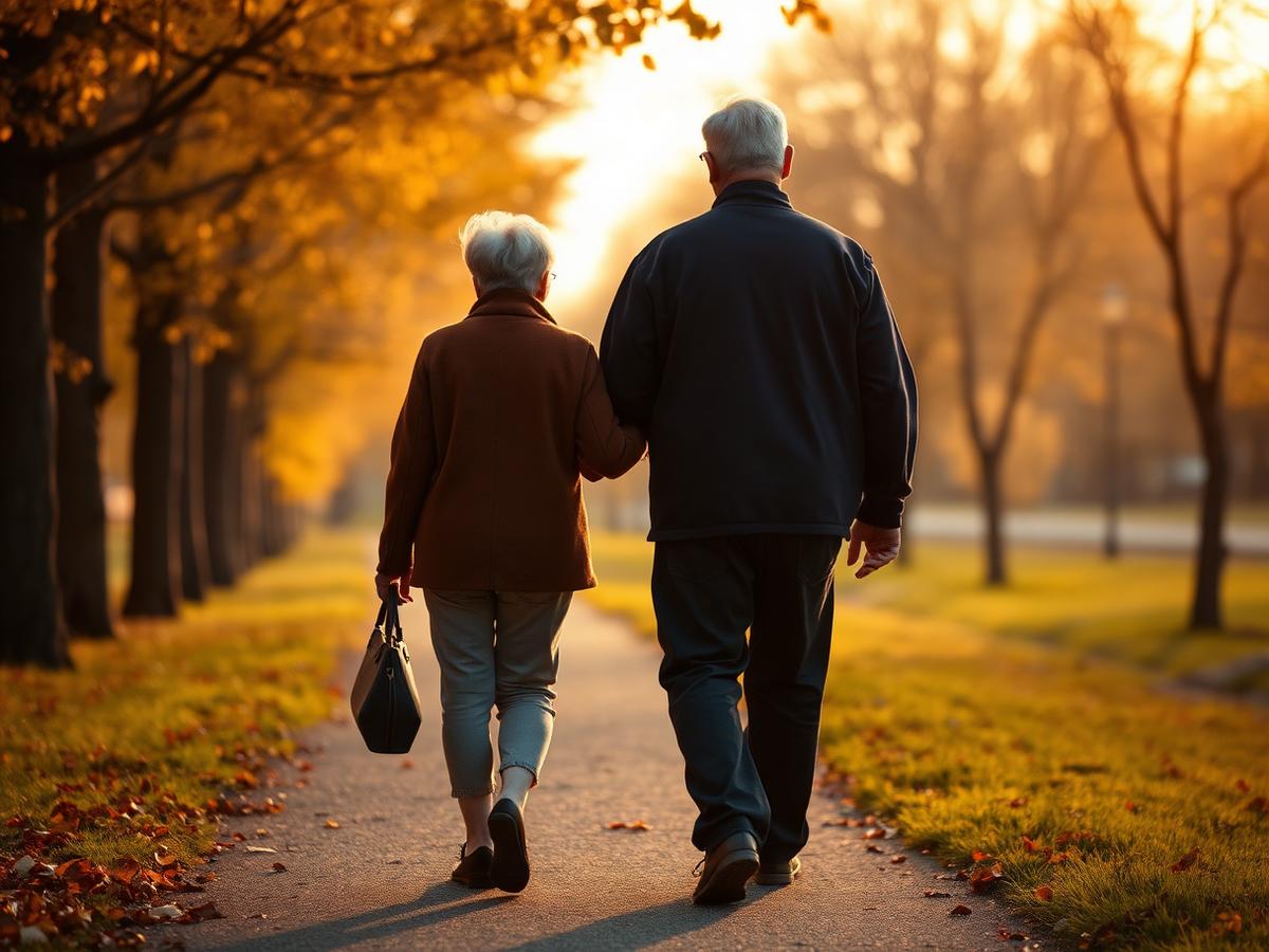 Retired couple walking together on a peaceful autumn path